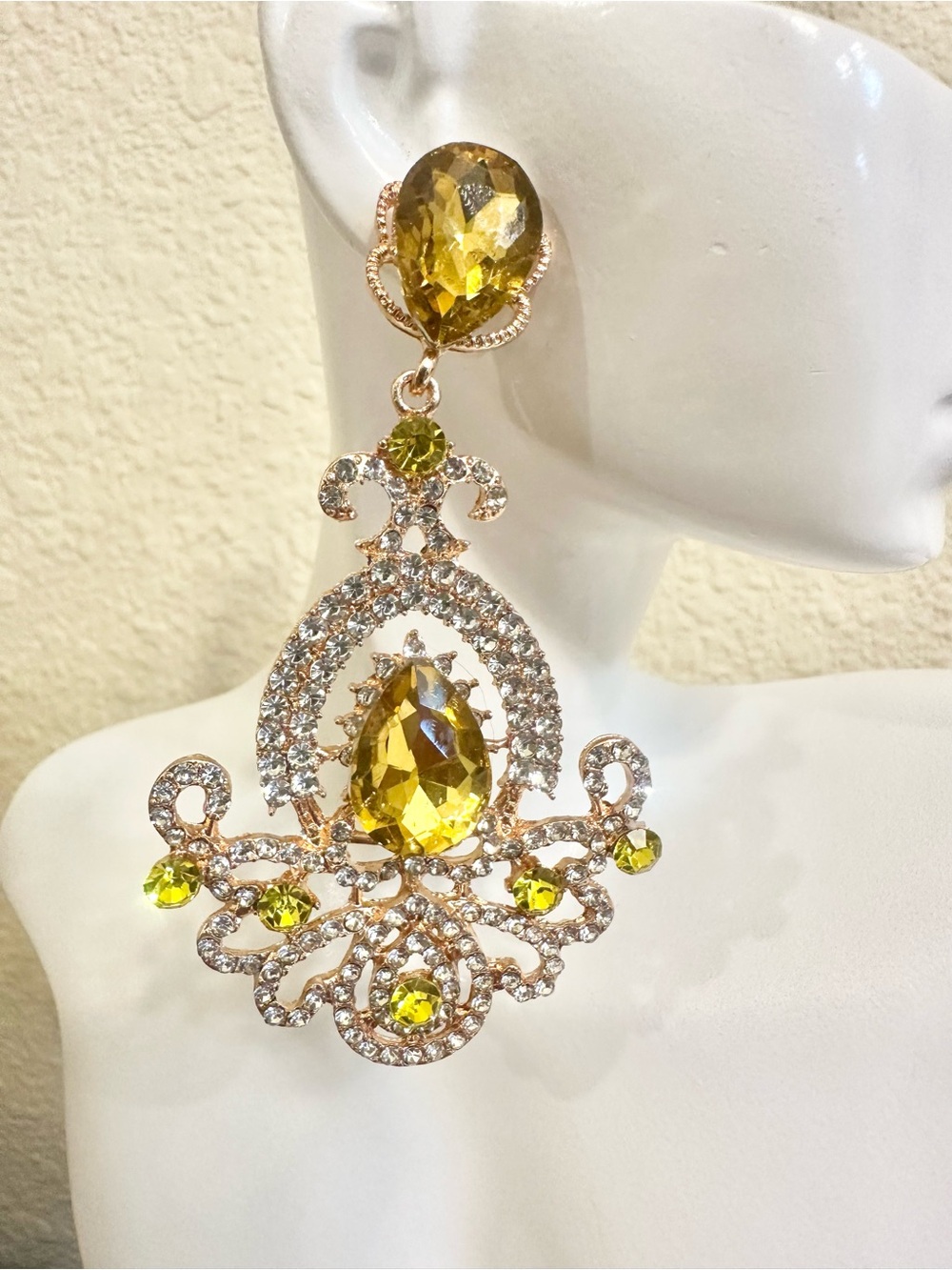 Yellow Crystal Drop Statement Earrings